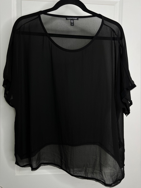Eileen Fisher Tops - Eileen Fisher Sheer Silk Blouse Black Hi-Lo Hem Boxy Short Sleeve Top Large